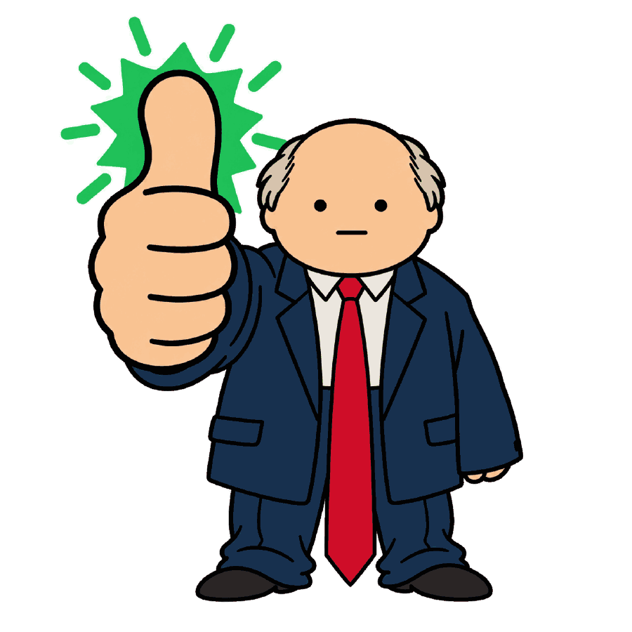 Senator Yea raising a single oversized thumb, glowing green.