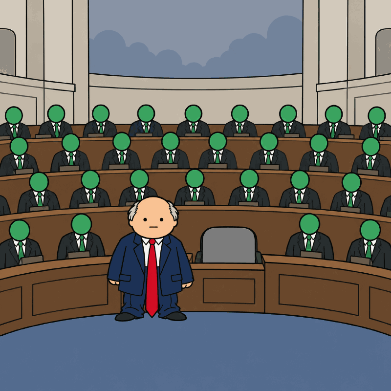 Rows of green-headed figures fill every seat. One seat in the middle is empty.