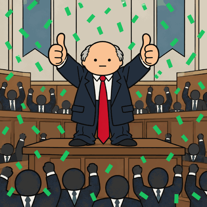 Senator Yea on a platform with both thumbs up, green confetti falling.