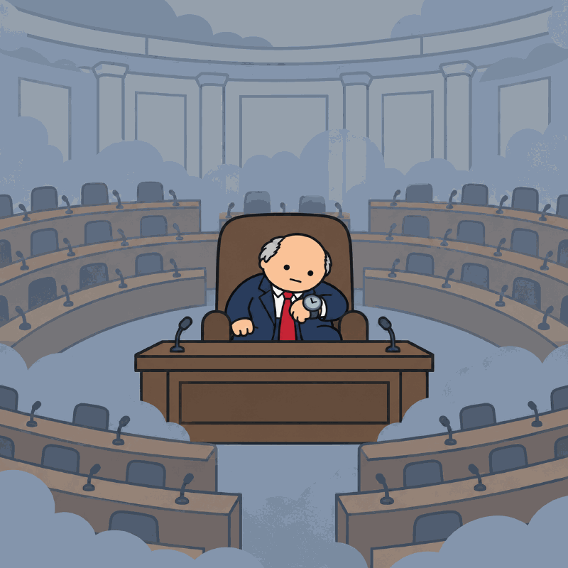 Senator Yea alone in a fogged-over empty chamber, checking an oversized watch.